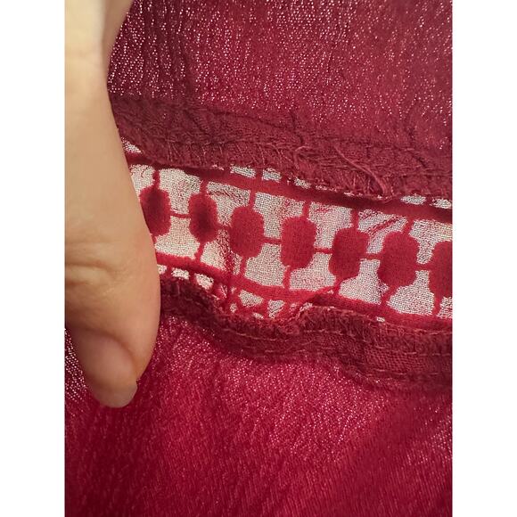 John Paul Richard Tiered Flowy Peasant Top Burgundy Wine Color Crochet Trim L - Picture 4 of 7